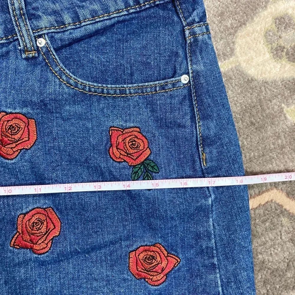 Denim Distressed Rose Embroidered Button Down Skirt - Picture 14 of 15